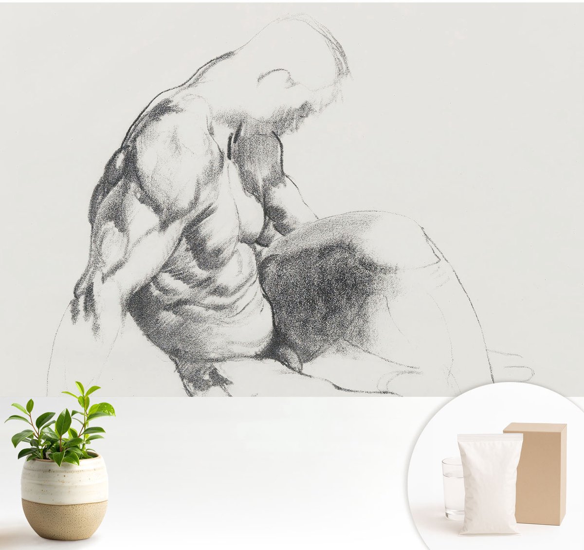 Wallfluent Fotobehang - Wit Vliesbehang - 104x70 cm - Mannelijke Schets Muurschildering - Slaapkamer behang Mensen - Fotobehang Vlies - Gang behang