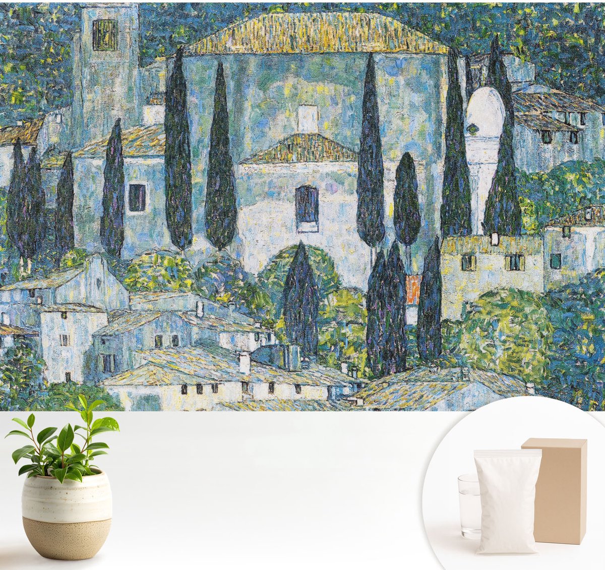 Wallfluent Fotobehang - Blauw Vliesbehang - 104x70 cm - Cypress Huizen Fotobehang Vlies - Woonkamer behang Landschappen - Muurschildering - Woonkamer behang