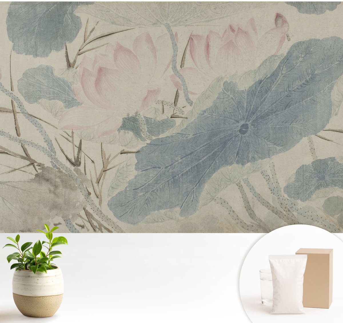 Wallfluent Fotobehang - Grijs Vliesbehang - 104x70 cm - Lotusbladeren Muurschildering - Slaapkamer behang Bloemen En Planten - Fotobehang Vlies - Slaapkamer behang