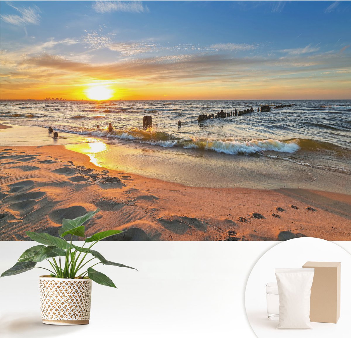 Wallfluent Fotobehang - Geel Vliesbehang - 152x104 cm - Zonsondergang Op Het Strand Muurschildering - Slaapkamer behang Landschappen - Fotobehang Vlies - Slaapkamer behang