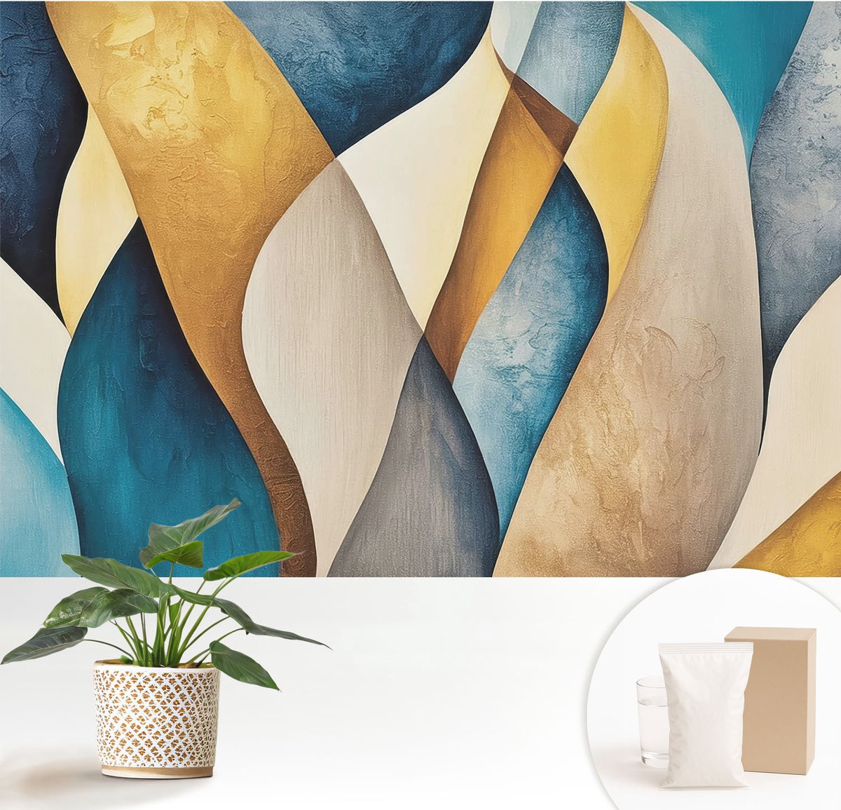 Wallfluent Fotobehang - Blauw Vliesbehang - 152x104 cm - Golvende Abstractie Muurschildering - Slaapkamer behang Abstractie - Fotobehang Vlies - Gang behang