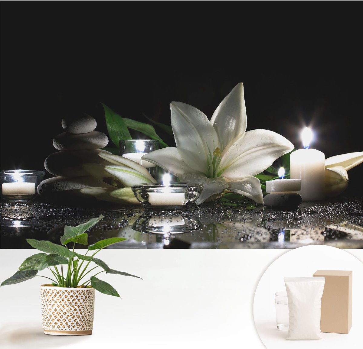 Wallfluent Fotobehang - Zwart Vliesbehang - 152x104 cm - Ontspannende Scène Muurschildering - Gang behang Bloemen En Planten - Fotobehang Vlies - Slaapkamer behang