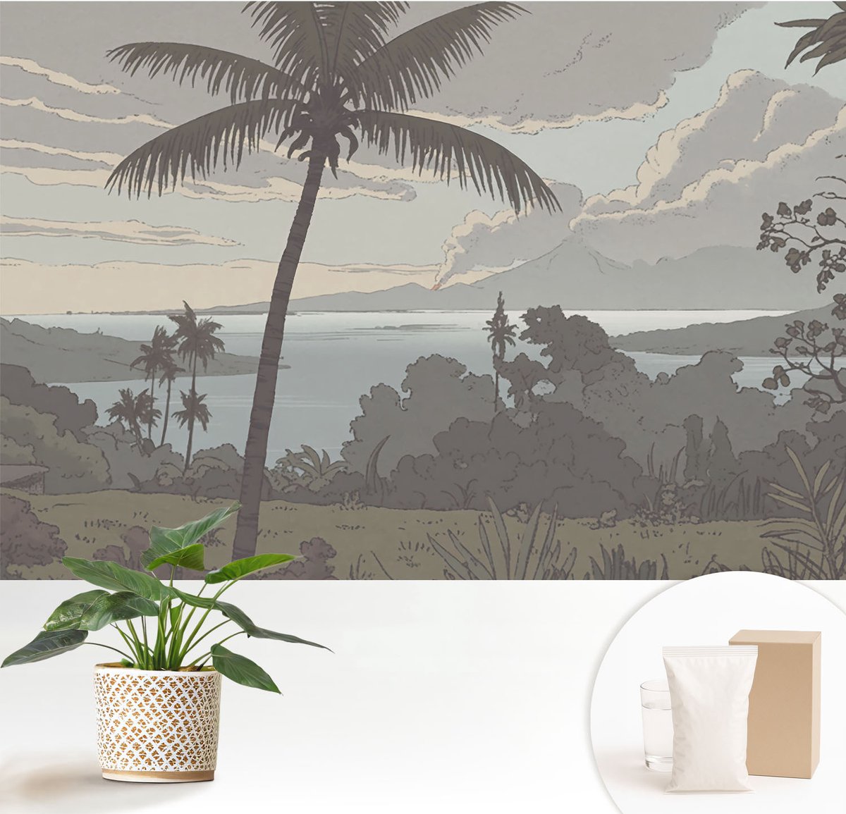 Wallfluent Fotobehang - Grijs Vliesbehang - 152x104 cm - Exotisch Landschap Muurschildering - Gang behang Landschappen - Fotobehang Vlies - Slaapkamer behang