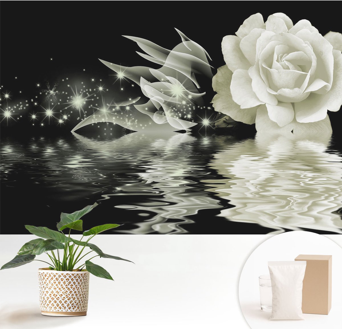 Wallfluent Fotobehang - Wit Vliesbehang - 152x104 cm - Lichtgevende Roos Muurschildering - Gang behang Bloemen En Planten - Fotobehang Vlies - Gang behang