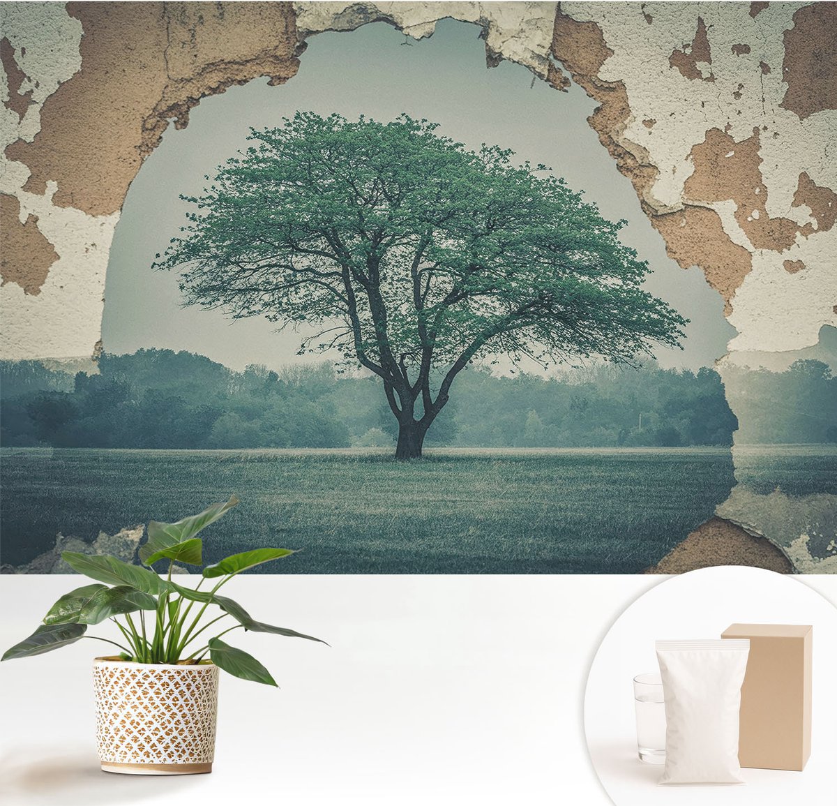Wallfluent Fotobehang - Grijs Vliesbehang - 152x104 cm - Een Eenzame Boom Muurschildering - Slaapkamer behang Landschappen - Fotobehang Vlies - Slaapkamer behang