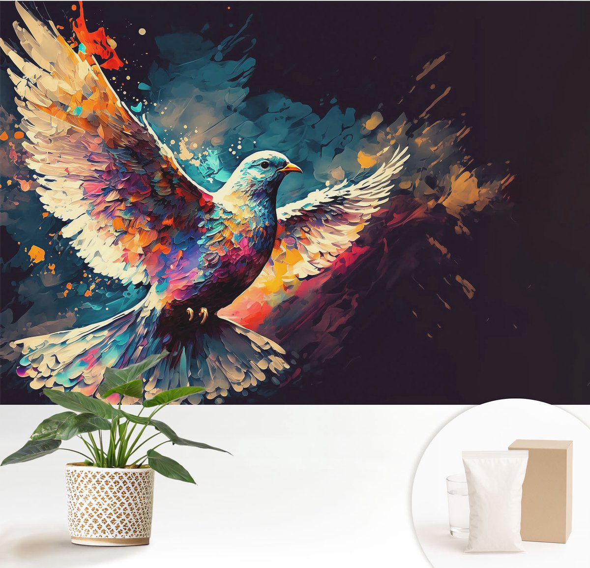Wallfluent Fotobehang - Blauw Vliesbehang - 152x104 cm - Kleurrijke Vogel Fotobehang Vlies - Woonkamer behang Abstractie - Muurschildering - Woonkamer behang