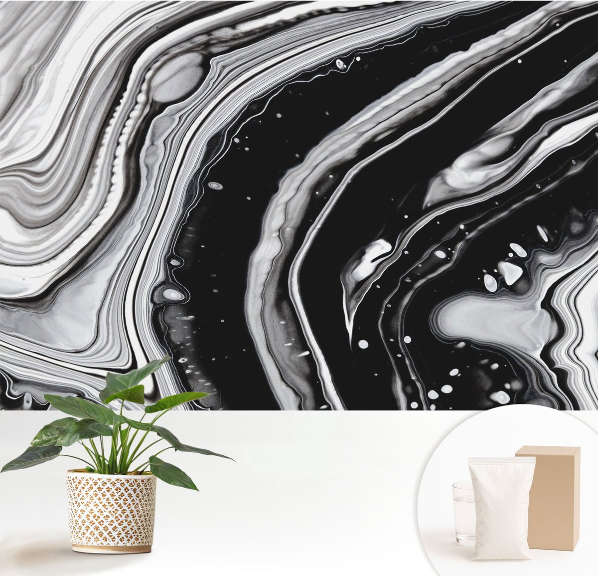 Wallfluent Fotobehang - Zwart-Wit Vliesbehang - 152x104 cm - Monochromatische Golven Muurschildering - Slaapkamer behang Abstractie - Fotobehang Vlies - Slaapkamer behang