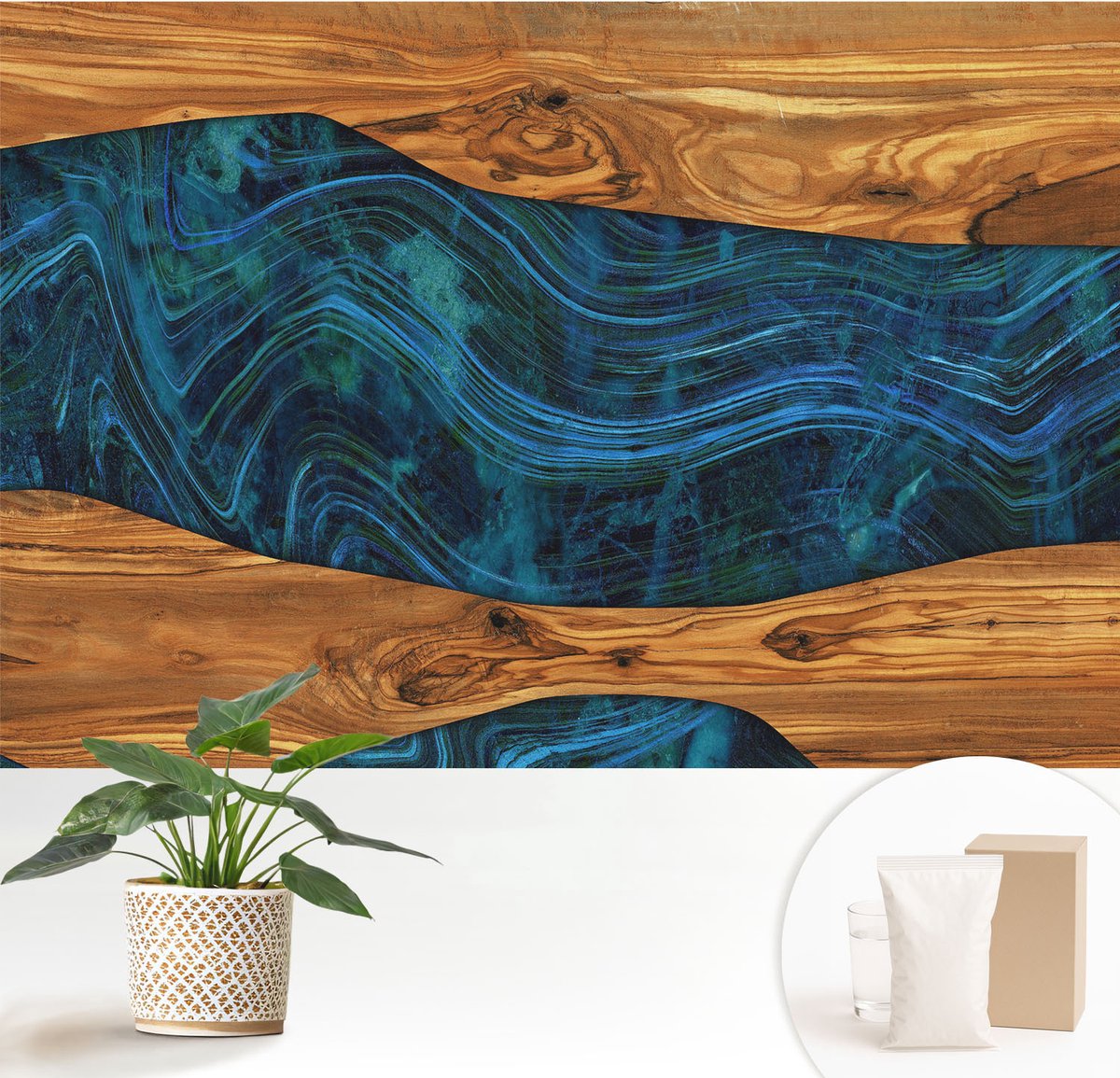 Wallfluent Fotobehang - Bruin Vliesbehang - 152x104 cm - Blauw Hout Fotobehang Vlies - Woonkamer behang Texturen - Muurschildering - Woonkamer behang