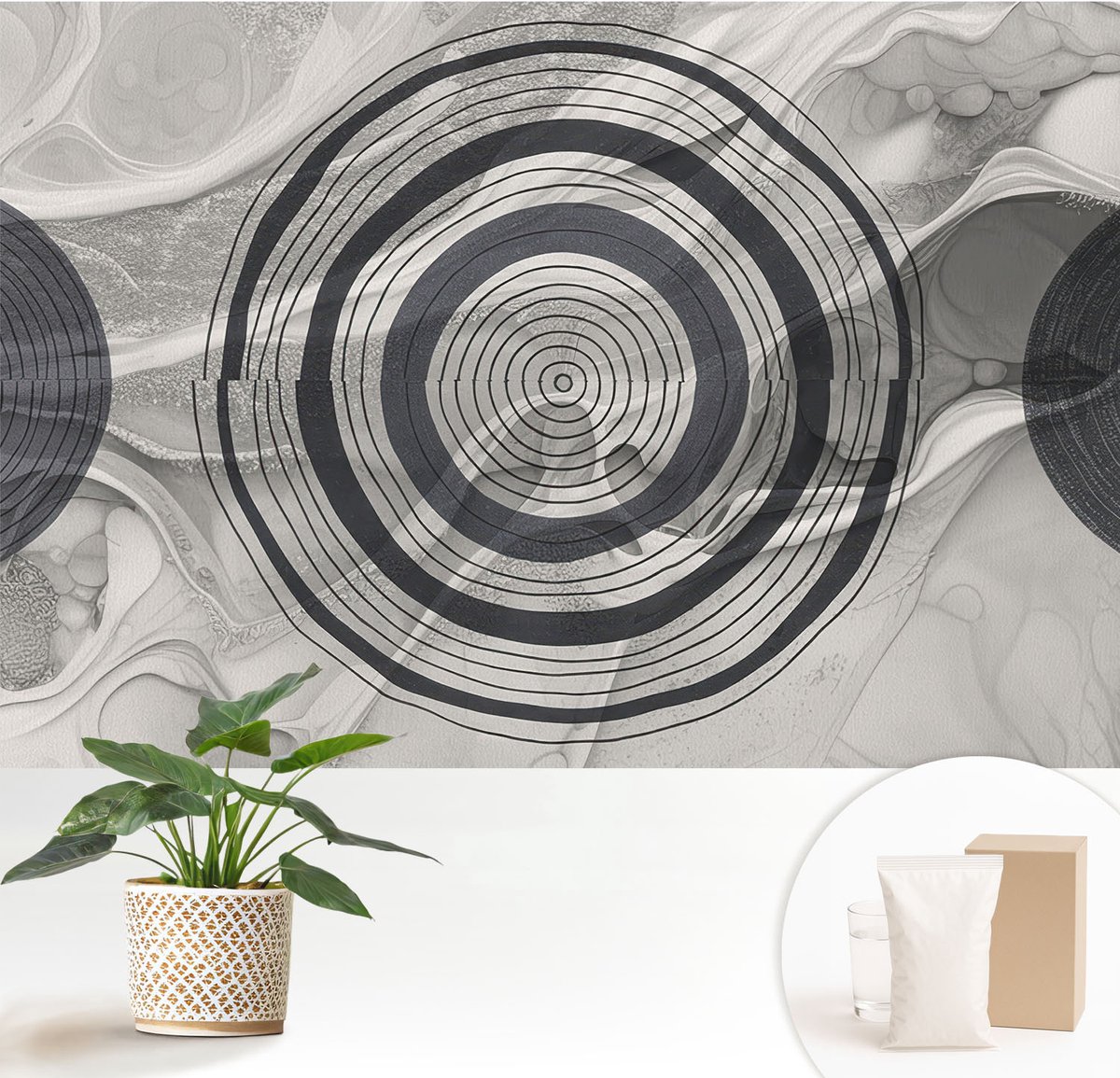 Wallfluent Fotobehang - Zwart-Wit Vliesbehang - 152x104 cm - Grijze Cirkels Fotobehang Vlies - Hal behang Abstractie - Muurschildering - Hal behang