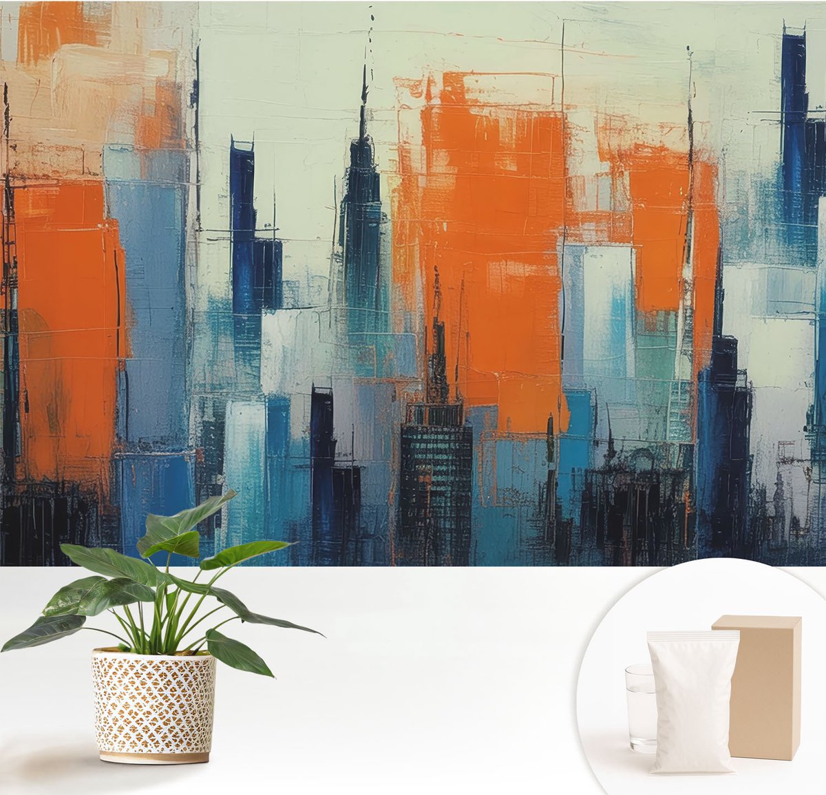 Wallfluent Fotobehang - Oranje Vliesbehang - 152x104 cm - Abstracte Stad Muurschildering - Gang behang Architectuur - Fotobehang Vlies - Slaapkamer behang