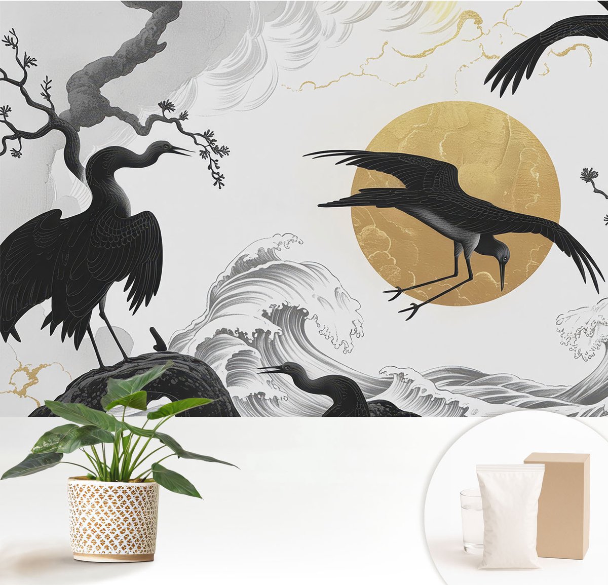 Wallfluent Fotobehang - Zwart-Wit Vliesbehang - 152x104 cm - Zwarte Kraanvogels Fotobehang Vlies - Hal behang Deel - Muurschildering - Woonkamer behang