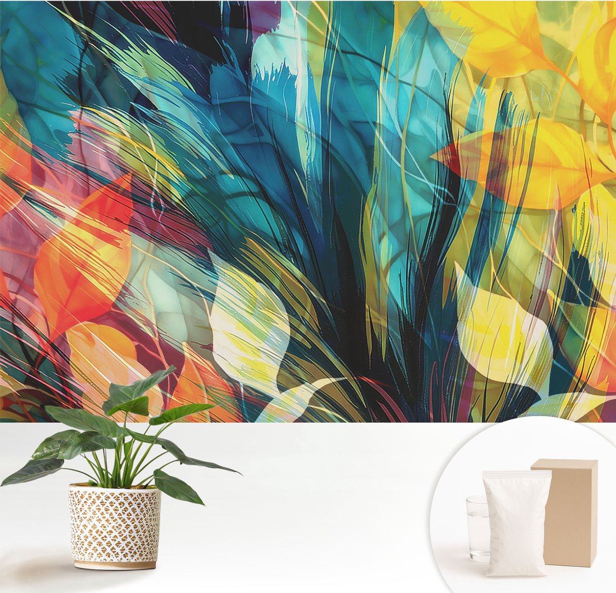 Wallfluent Fotobehang - Blauw Vliesbehang - 152x104 cm - Abstracte Bladeren Muurschildering - Slaapkamer behang Abstractie - Fotobehang Vlies - Slaapkamer behang