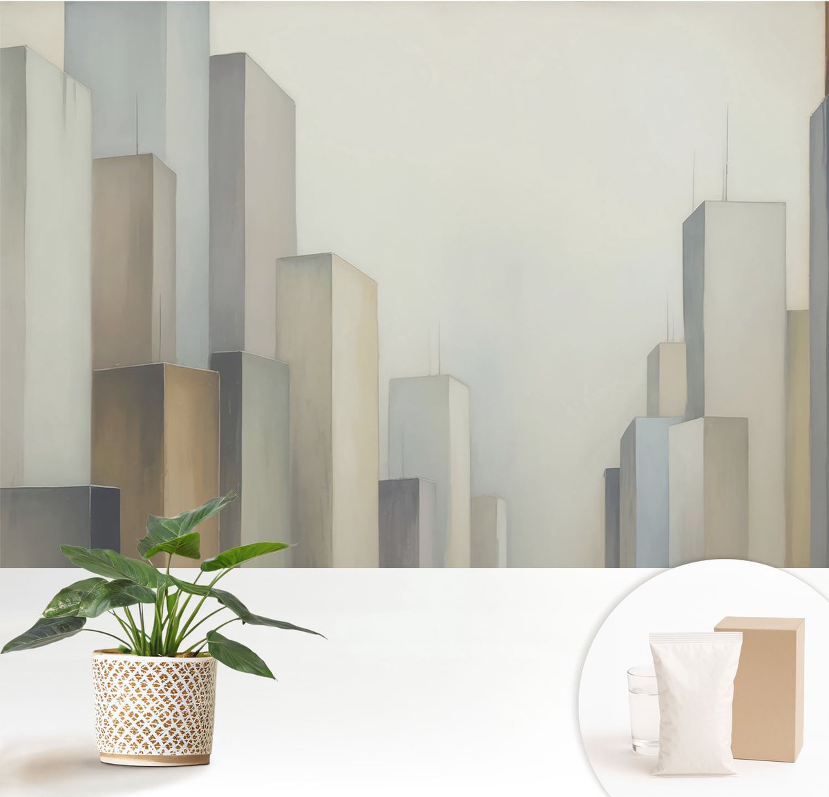 Wallfluent Fotobehang - Grijs Vliesbehang - 152x104 cm - Stadswolkenkrabbers Muurschildering - Slaapkamer behang Architectuur - Fotobehang Vlies - Slaapkamer behang