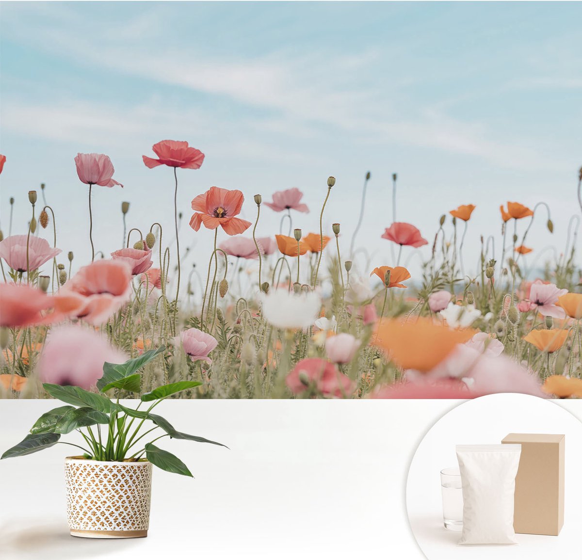 Wallfluent Fotobehang - Blauw Vliesbehang - 152x104 cm - Klaprozen Muurschildering - Gang behang Bloemen En Planten - Fotobehang Vlies - Gang behang