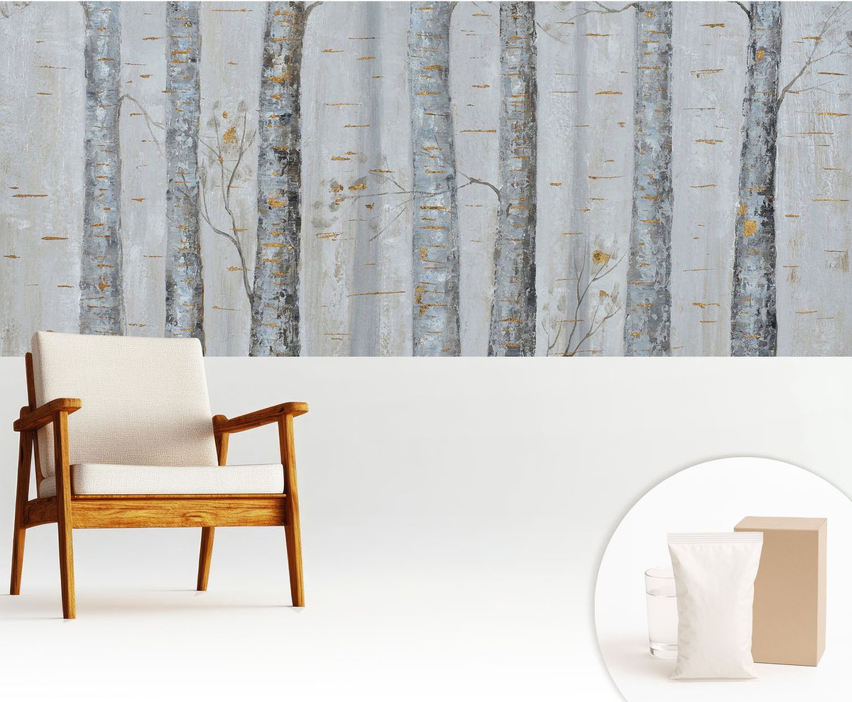 Wallfluent Fotobehang - Grijs Vliesbehang - 250x104 cm - Berkenbomen Fotobehang Vlies - Woonkamer behang Bloemen En Planten - Muurschildering - Woonkamer behang
