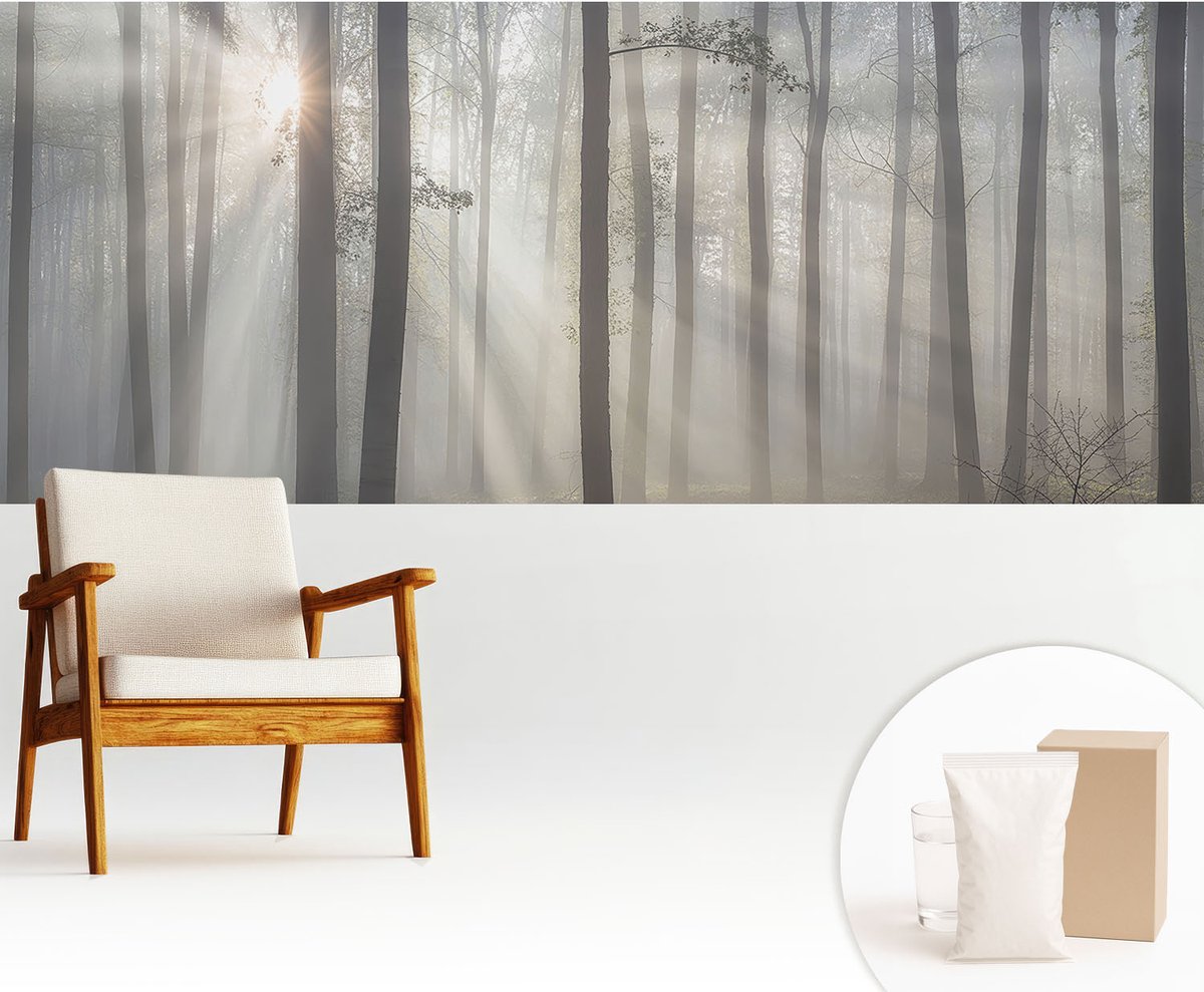 Wallfluent Fotobehang - Grijs Vliesbehang - 250x104 cm - Etherisch Woud Fotobehang Vlies - Woonkamer behang Landschappen - Muurschildering - Woonkamer behang