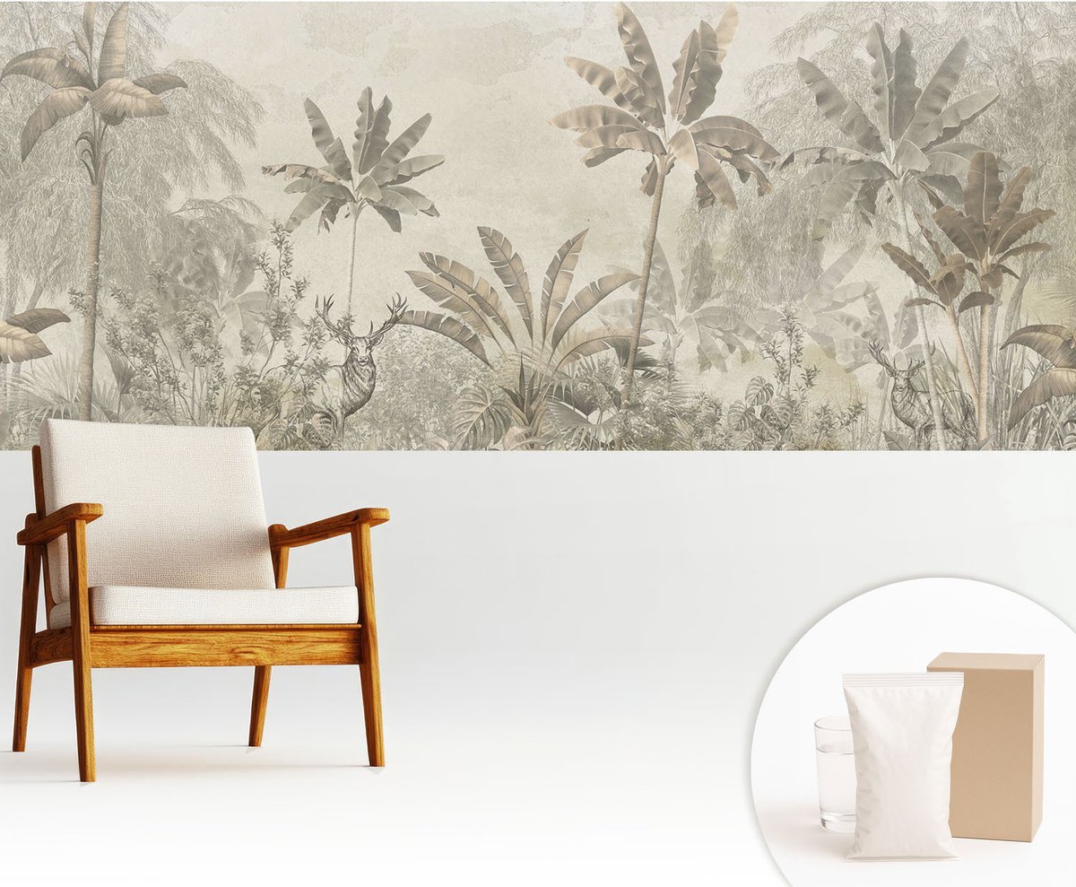 Wallfluent Fotobehang - Grijs Vliesbehang - 250x104 cm - Tropische Jungle Muurschildering - Slaapkamer behang Bloemen En Planten - Fotobehang Vlies - Slaapkamer behang