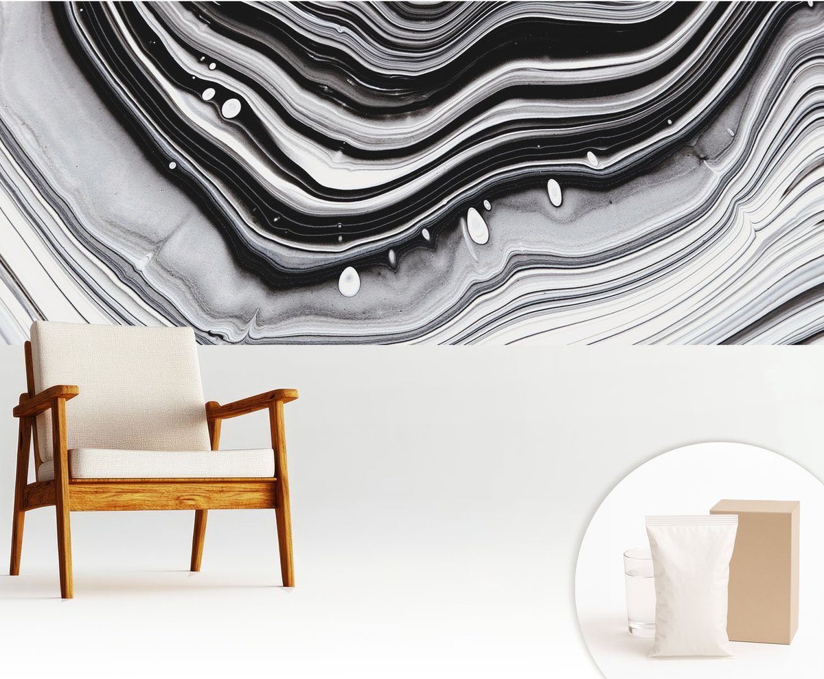 Wallfluent Fotobehang - Zwart-Wit Vliesbehang - 250x104 cm - Optische Golven Muurschildering - Slaapkamer behang Achtergronden En Patronen - Fotobehang Vlies - Slaapkamer behang