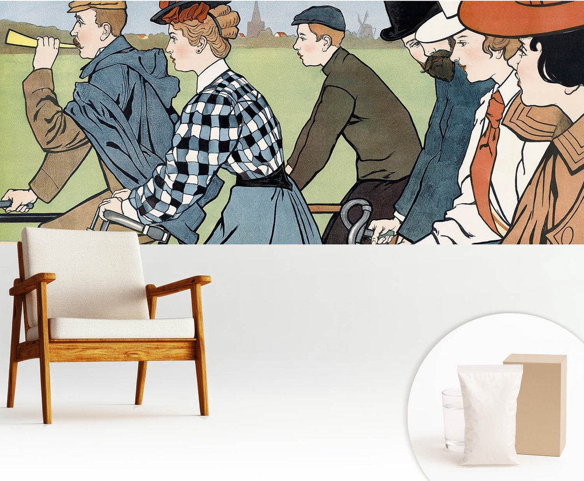 Wallfluent Fotobehang - Wit Vliesbehang - 250x104 cm - Vintage Fietsers Fotobehang Vlies - Hal behang Mensen - Muurschildering - Woonkamer behang