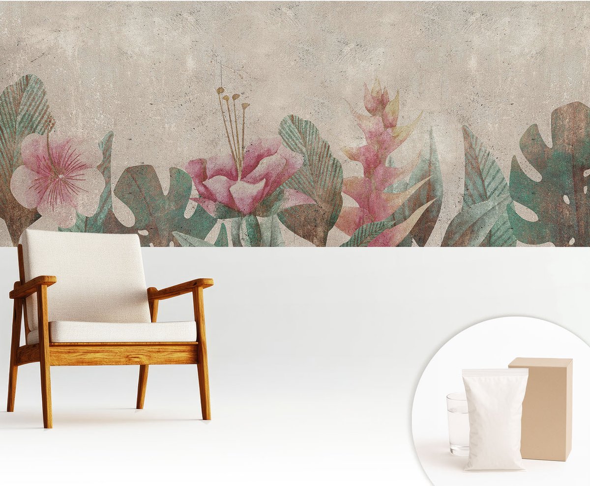 Wallfluent Fotobehang - Beige Vliesbehang - 250x104 cm - Subtiele Flora Muurschildering - Gang behang Bloemen En Planten - Fotobehang Vlies - Slaapkamer behang