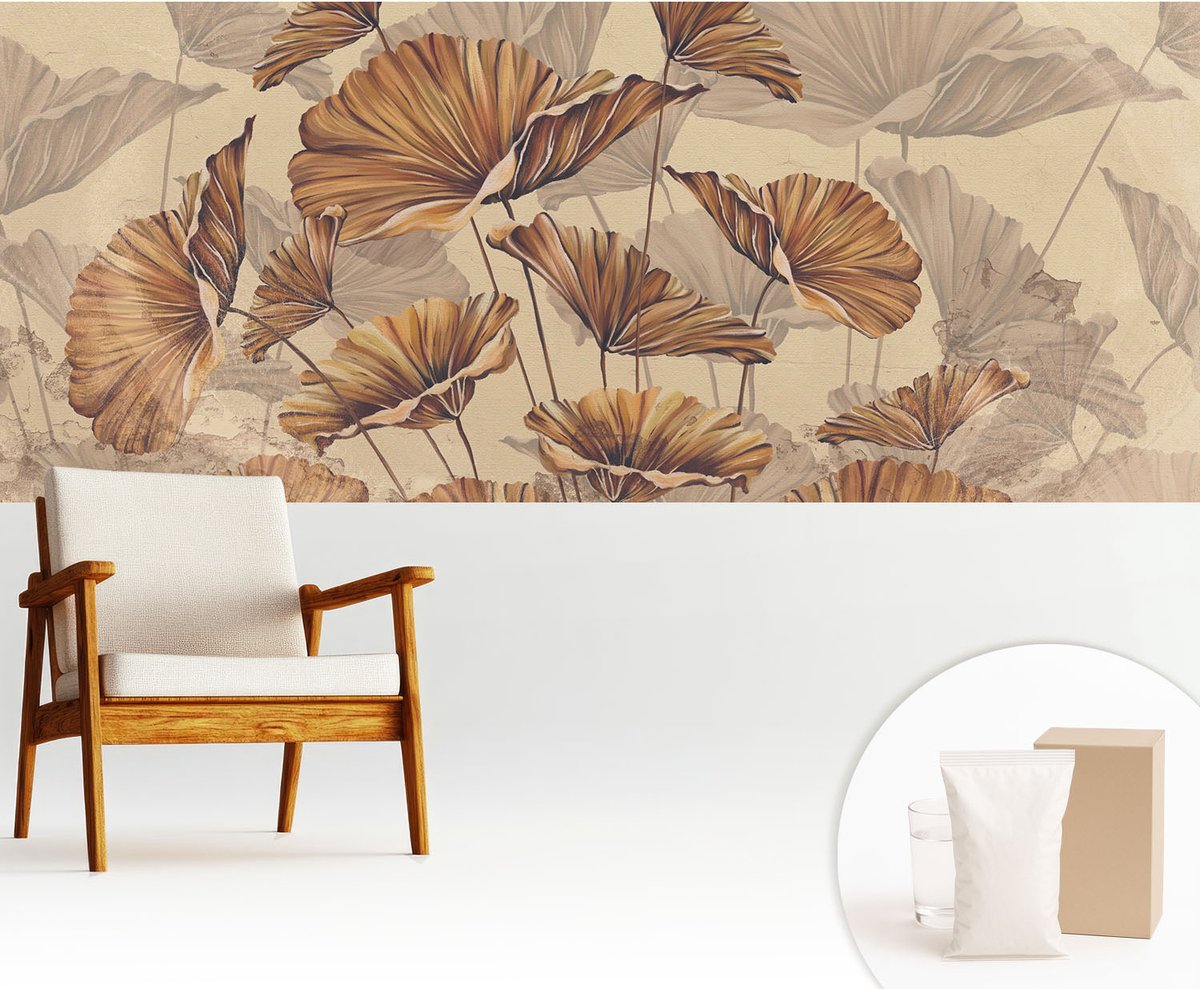 Wallfluent Fotobehang - Beige Vliesbehang - 250x104 cm - Herfstachtige Elegantie Muurschildering - Gang behang Bloemen En Planten - Fotobehang Vlies - Slaapkamer behang