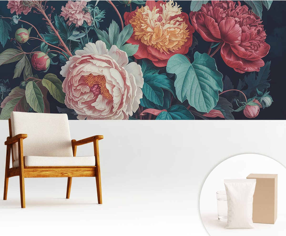 Wallfluent Fotobehang - Wit Vliesbehang - 250x104 cm - Kleurrijke Bloemen Muurschildering - Gang behang Bloemen En Planten - Fotobehang Vlies - Gang behang