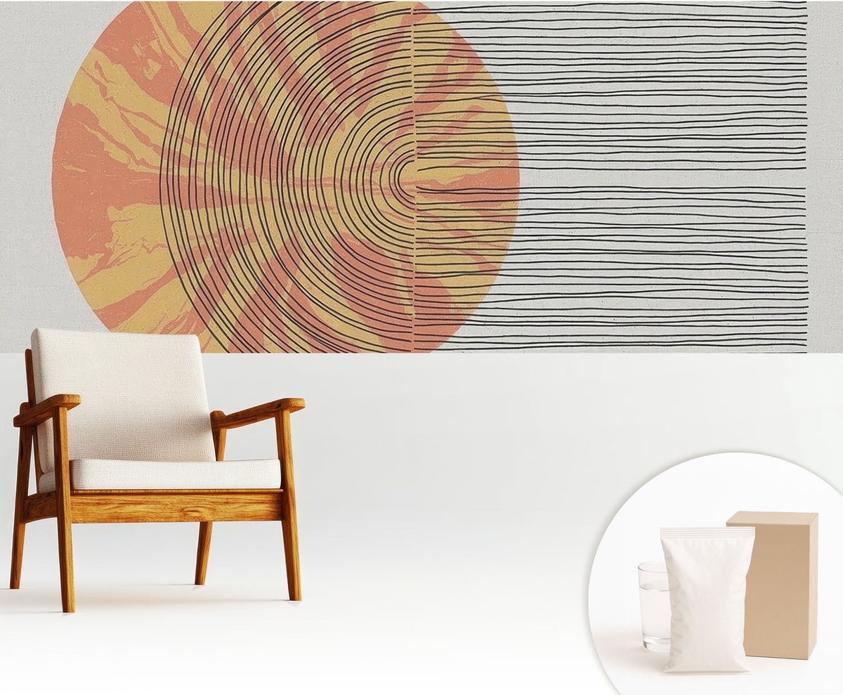 Wallfluent Fotobehang - Grijs Vliesbehang - 250x104 cm - Cirkel Met Lijnen Muurschildering - Slaapkamer behang Abstractie - Fotobehang Vlies - Slaapkamer behang
