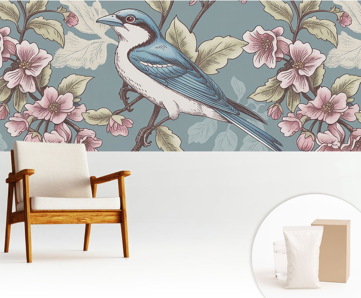 Wallfluent Fotobehang - Blauw Vliesbehang - 250x104 cm - Lente Harmonie Muurschildering - Gang behang Dieren - Fotobehang Vlies - Slaapkamer behang