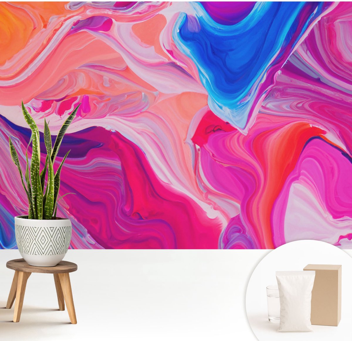 Wallfluent Fotobehang - Roze Vliesbehang - 208x146 cm - Vloeibare Golven Fotobehang Vlies - Hal behang Abstractie - Muurschildering - Woonkamer behang