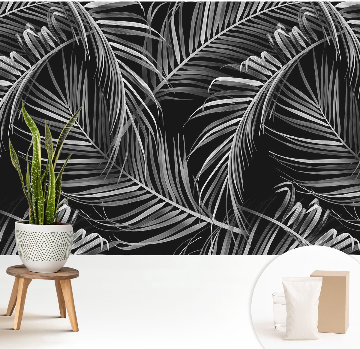 Wallfluent Fotobehang - Zwart Vliesbehang - 208x146 cm - Exotisch Patroon Fotobehang Vlies - Hal behang Bloemen En Planten - Muurschildering - Hal behang