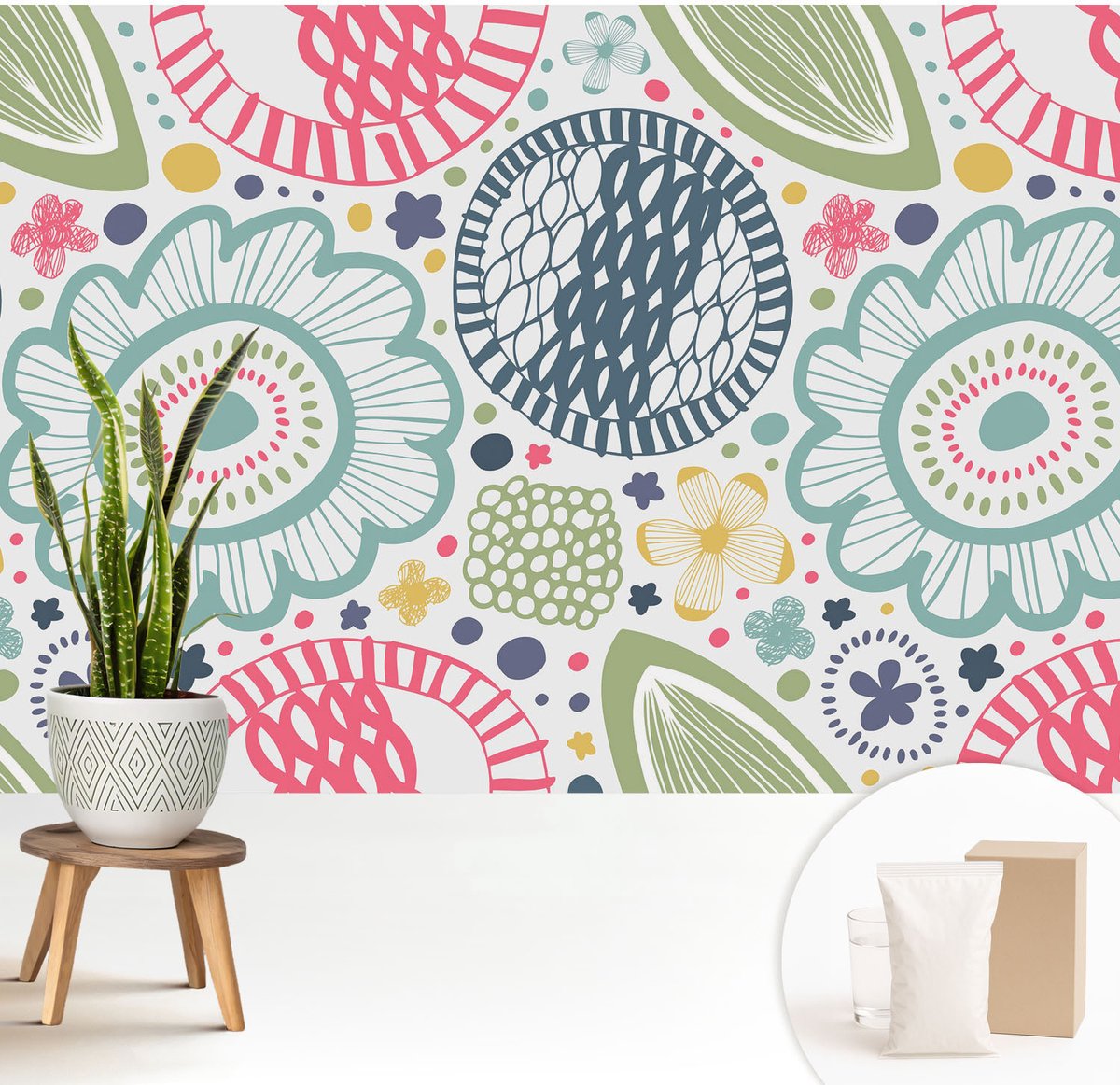 Wallfluent Fotobehang - Blauw Vliesbehang - 208x146 cm - Bloemmotieven Fotobehang Vlies - Woonkamer behang Bloemen En Planten - Muurschildering - Woonkamer behang