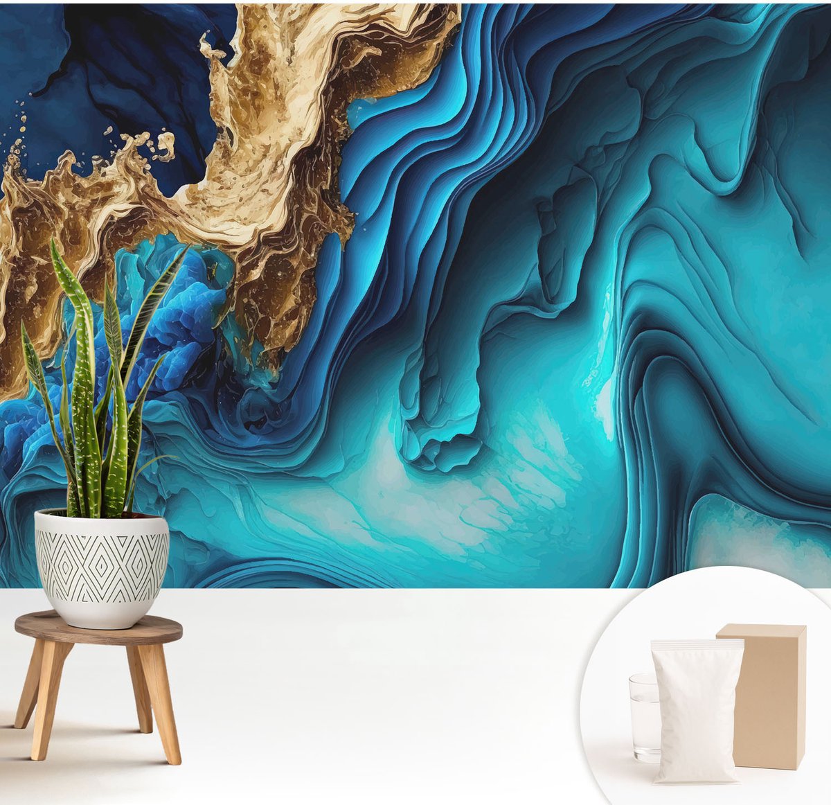 Wallfluent Fotobehang - Blauw Vliesbehang - 208x146 cm - Energiegolven Muurschildering - Gang behang Abstractie - Fotobehang Vlies - Gang behang