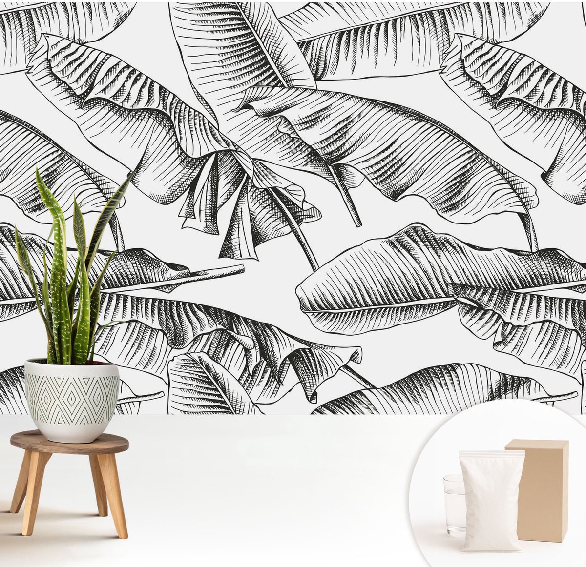 Wallfluent Fotobehang - Zwart-Wit Vliesbehang - 208x146 cm - Bananenbladeren Muurschildering - Slaapkamer behang Bloemen En Planten - Fotobehang Vlies - Slaapkamer behang