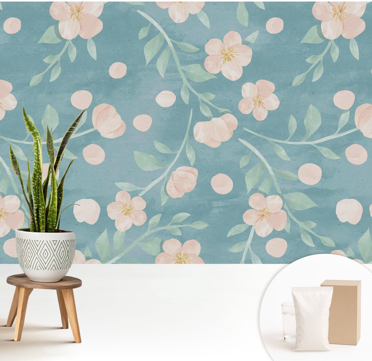 Wallfluent Fotobehang - Blauw Vliesbehang - 208x146 cm - Bloemige Elegantie Fotobehang Vlies - Hal behang Bloemen En Planten - Muurschildering - Woonkamer behang