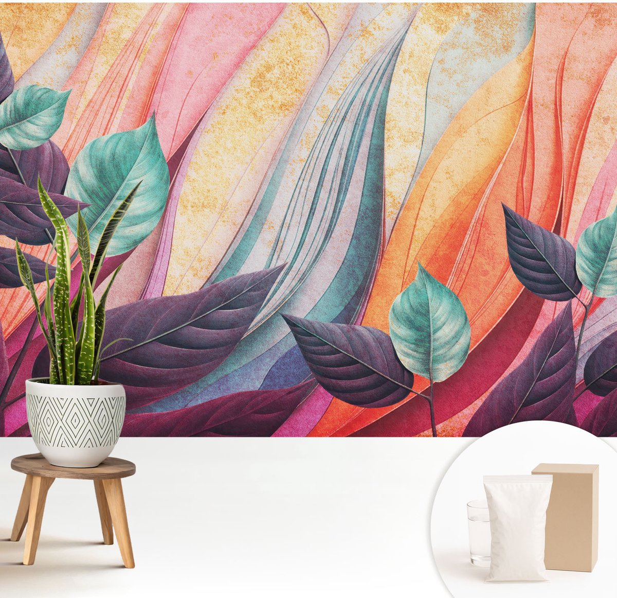 Wallfluent Fotobehang - Paars Vliesbehang - 208x146 cm - Abstracte Bladeren Fotobehang Vlies - Hal behang Bloemen En Planten - Muurschildering - Woonkamer behang
