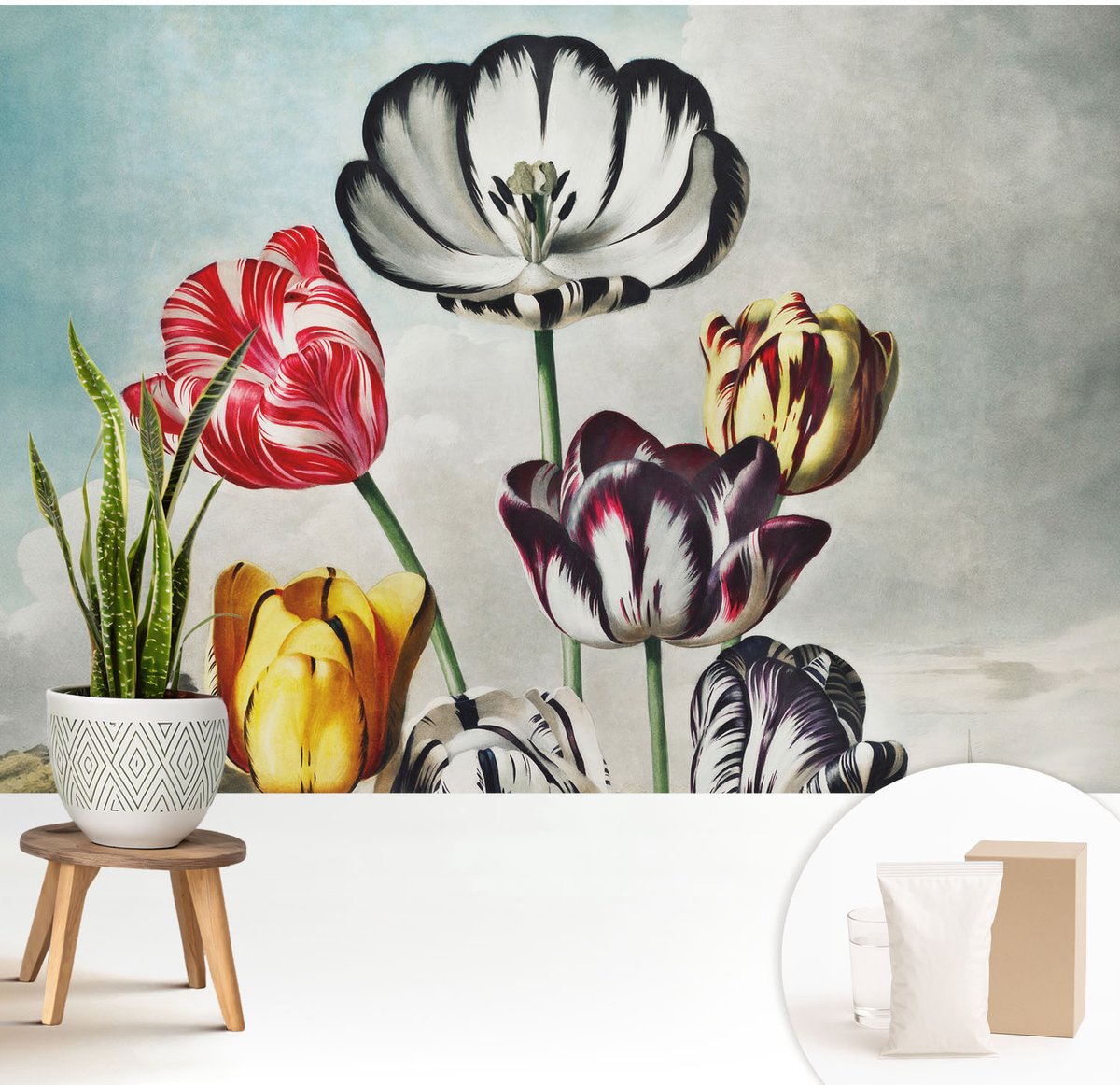Wallfluent Fotobehang - Zwart Vliesbehang - 208x146 cm - Kleurrijke Tulpen Fotobehang Vlies - Hal behang Bloemen En Planten - Muurschildering - Woonkamer behang