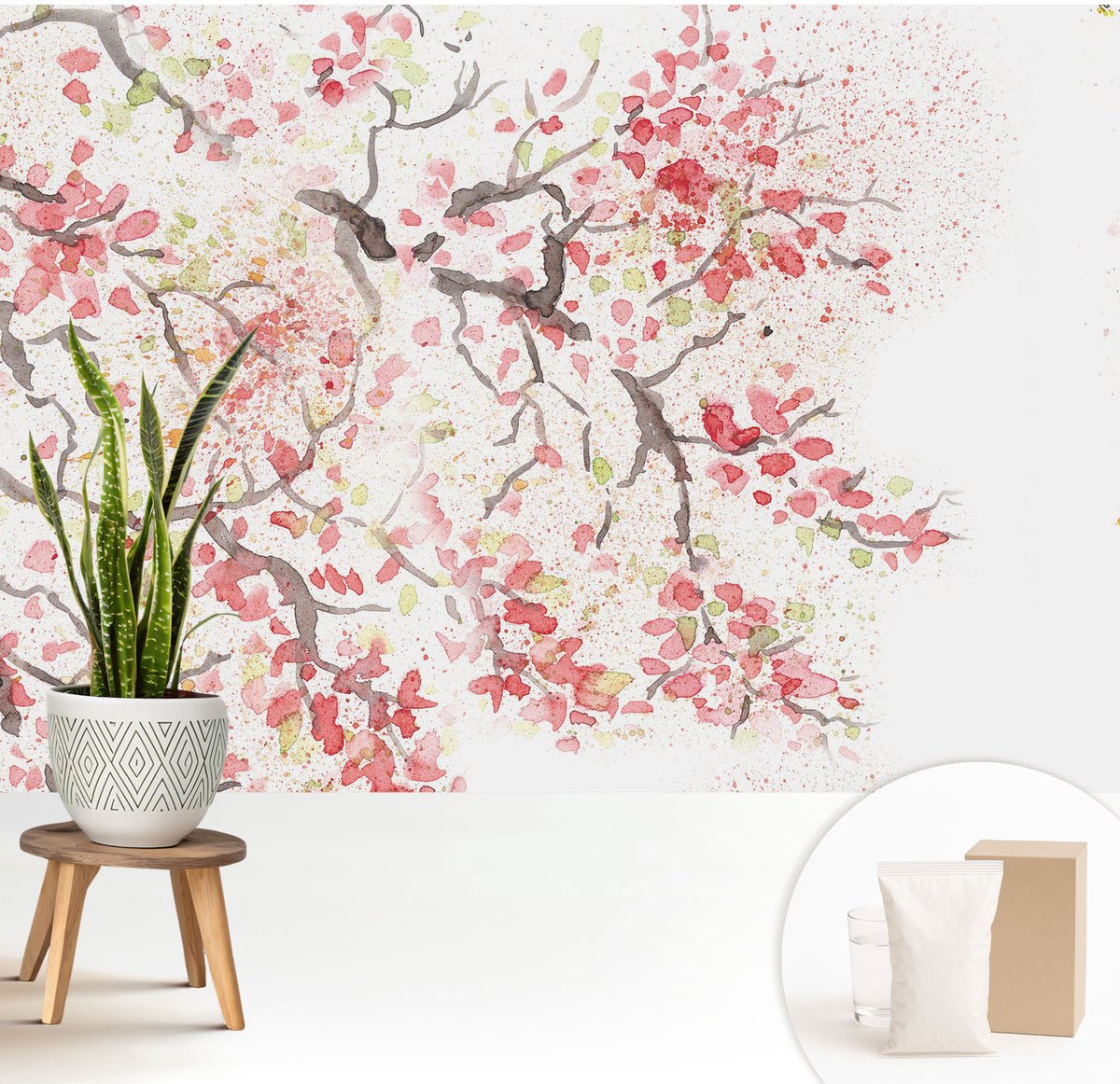 Wallfluent Fotobehang - Wit Vliesbehang - 208x146 cm - Bloeiende Takken Muurschildering - Slaapkamer behang Bloemen En Planten - Fotobehang Vlies - Slaapkamer behang