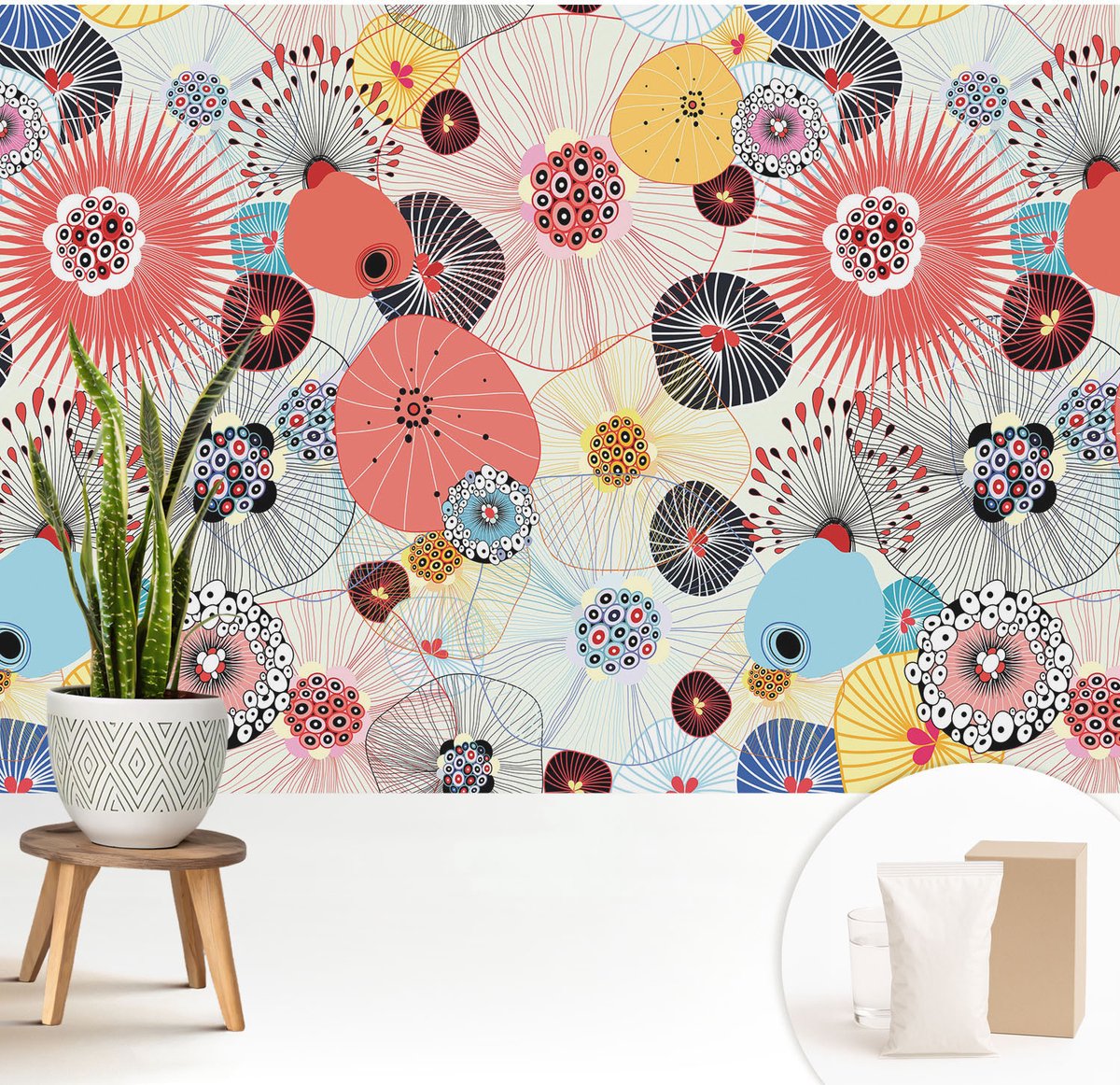 Wallfluent Fotobehang - Rood Vliesbehang - 208x146 cm - Kleurrijke Bloemen Muurschildering - Slaapkamer behang Abstractie - Fotobehang Vlies - Slaapkamer behang