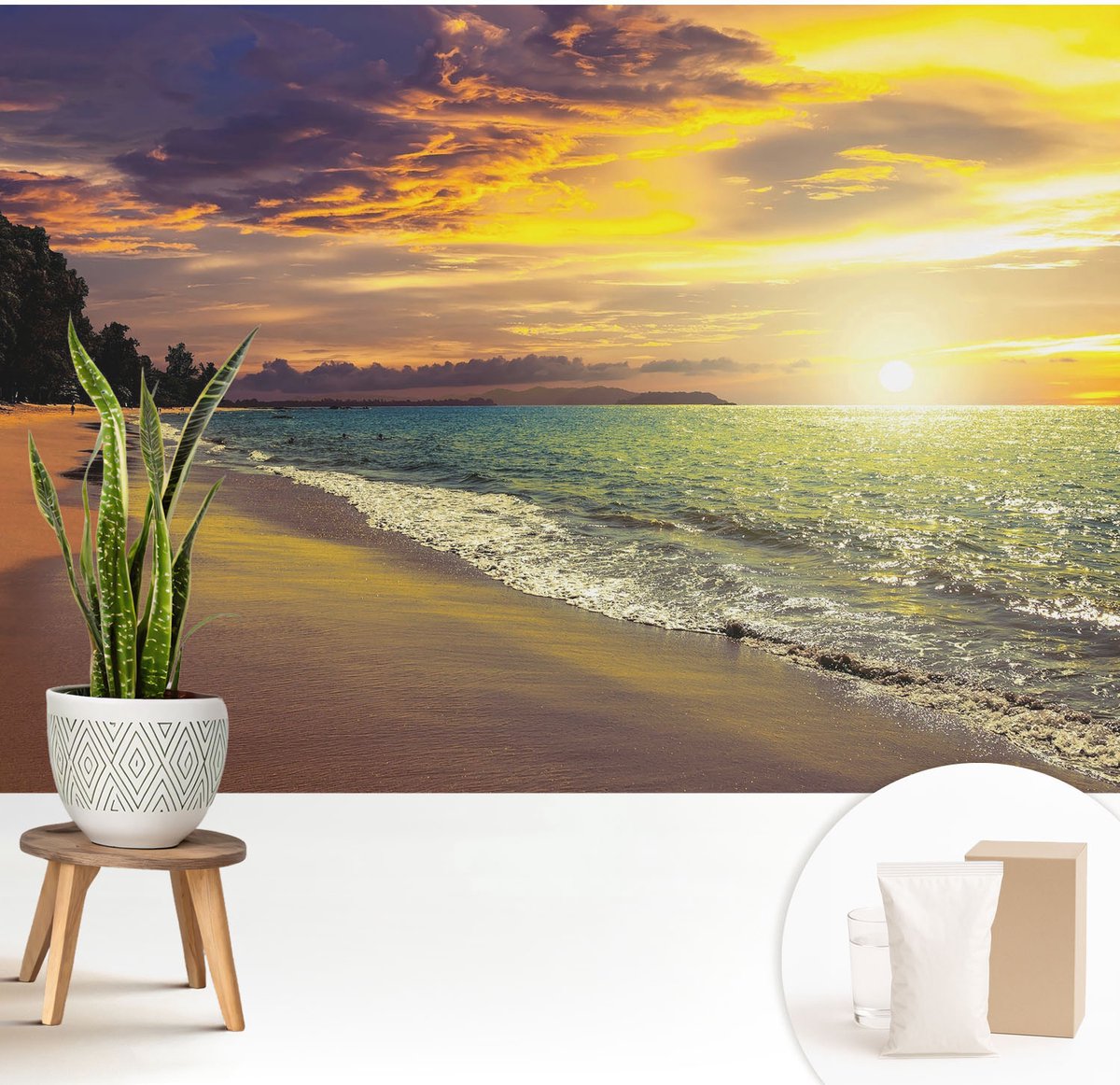 Wallfluent Fotobehang - Geel Vliesbehang - 208x146 cm - Strand Bij Zonsondergang Fotobehang Vlies - Hal behang Landschappen - Muurschildering - Hal behang