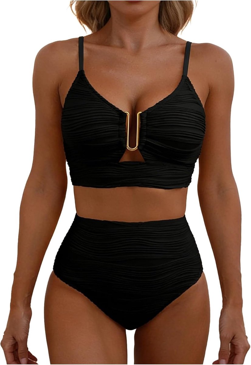 Tweedelige bikini hoge taille V-hals plooien detail comfortabel badpak stijlvol zomer strand vakantie