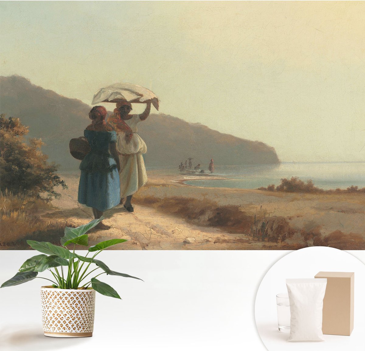 Wallfluent Fotobehang - Beige Vliesbehang - 152x104 cm - Een Wandeling Langs De Kust Muurschildering - Gang behang Landschappen - Fotobehang Vlies - Slaapkamer behang