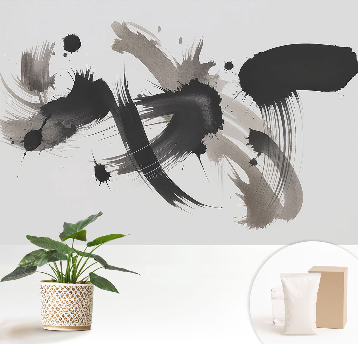 Wallfluent Fotobehang - Zwart Vliesbehang - 152x104 cm - Abstracte Uitdrukking Fotobehang Vlies - Woonkamer behang Abstractie - Muurschildering - Woonkamer behang