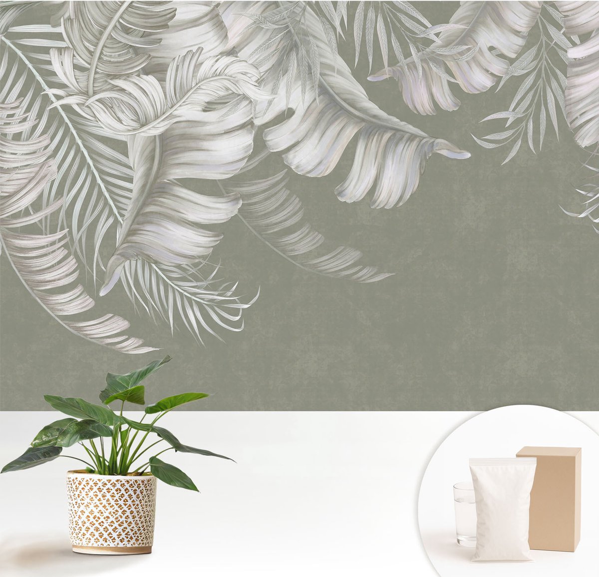 Wallfluent Fotobehang - Grijs Vliesbehang - 152x104 cm - Tere Bladeren Fotobehang Vlies - Woonkamer behang Bloemen En Planten - Muurschildering - Woonkamer behang