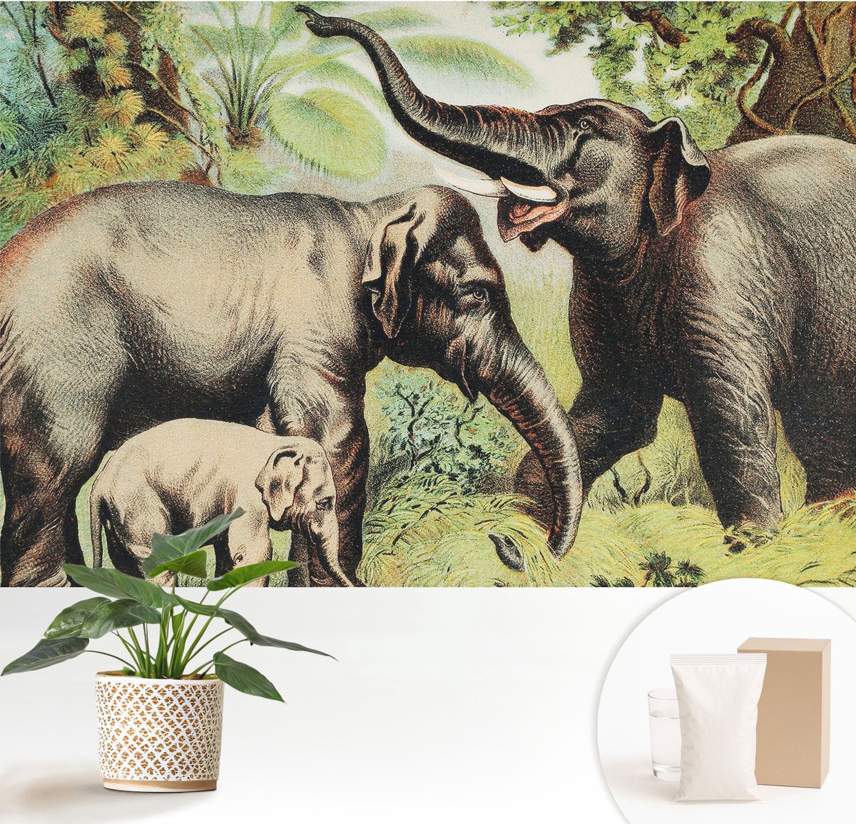 Wallfluent Fotobehang - Groente Vliesbehang - 152x104 cm - Familieolifanten Muurschildering - Gang behang Landschappen - Fotobehang Vlies - Slaapkamer behang