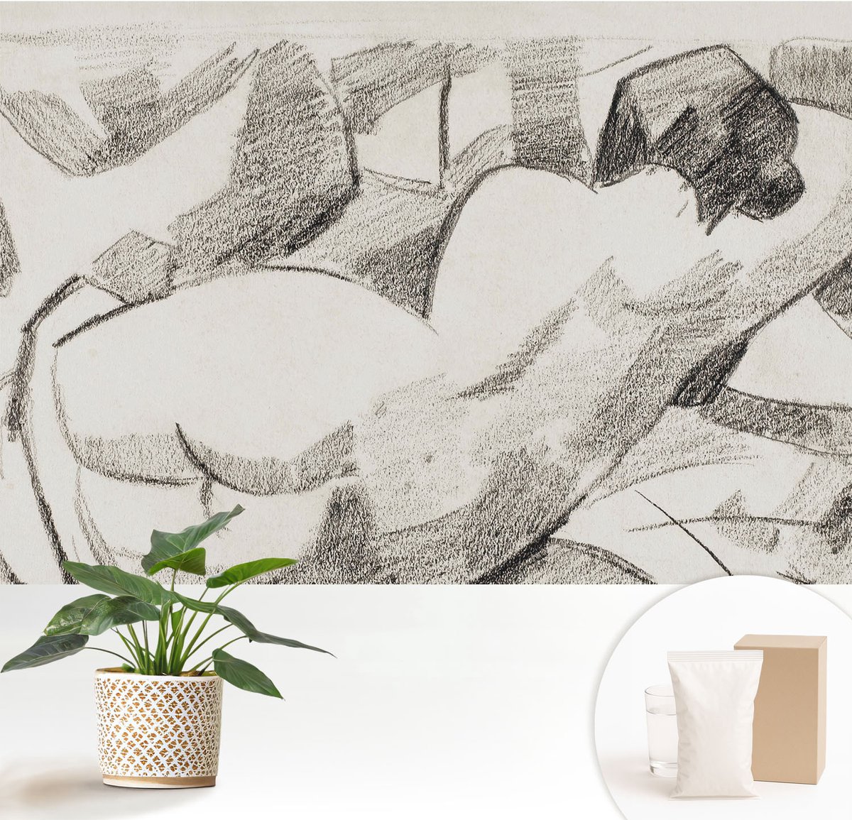 Wallfluent Fotobehang - Zwart-Wit Vliesbehang - 152x104 cm - Een Liggende Figuur Fotobehang Vlies - Woonkamer behang Deel - Muurschildering - Hal behang