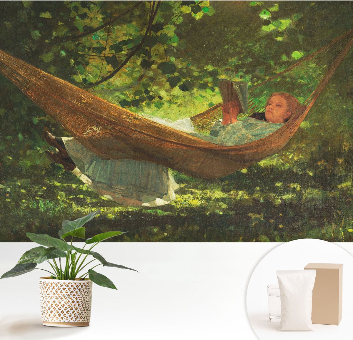 Wallfluent Fotobehang - Groente Vliesbehang - 152x104 cm - Ontspannen In Een Hangmat Muurschildering - Gang behang Bloemen En Planten - Fotobehang Vlies - Slaapkamer behang
