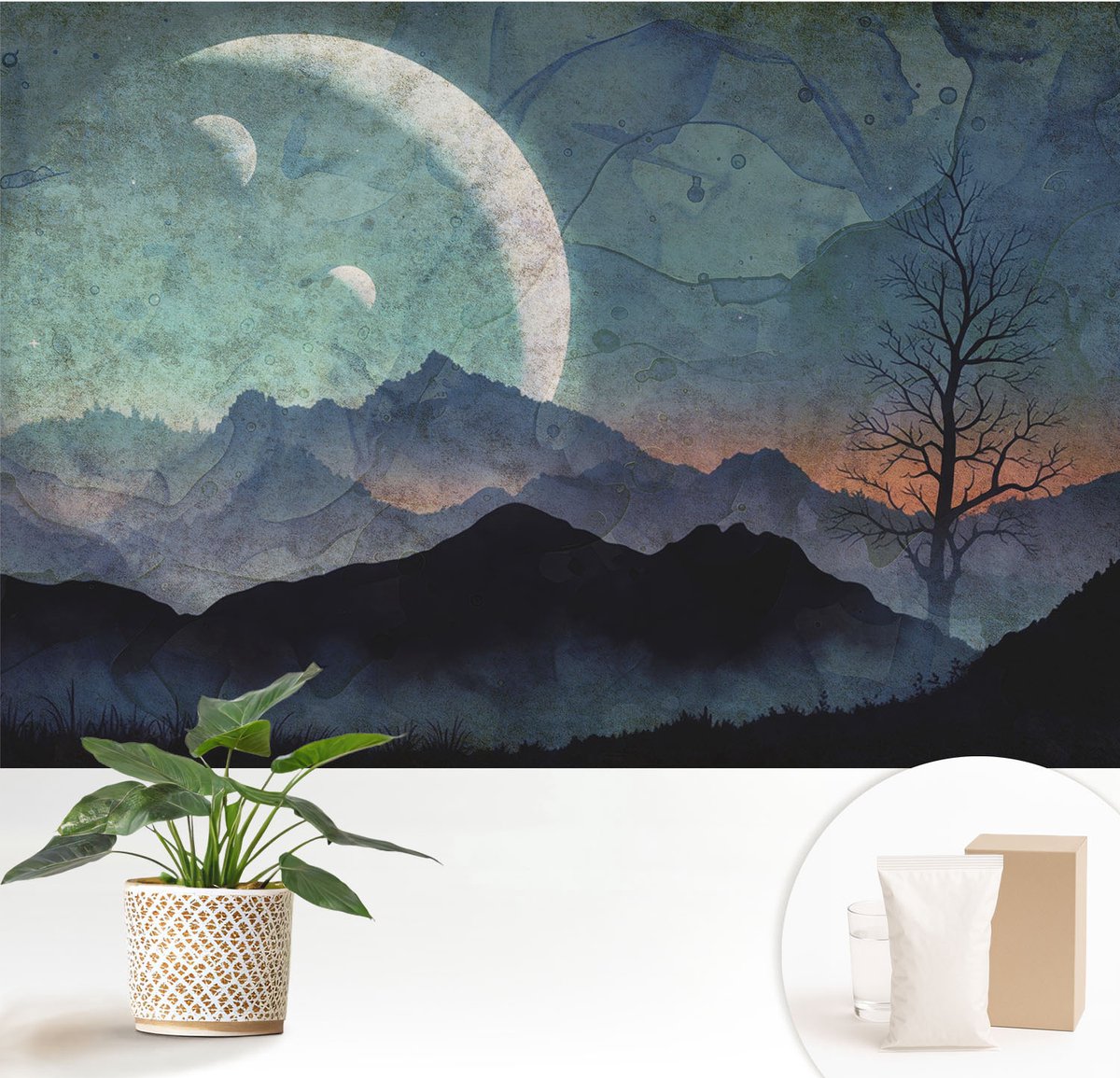 Wallfluent Fotobehang - Blauw Vliesbehang - 152x104 cm - Nachtlandschap Fotobehang Vlies - Woonkamer behang Landschappen - Muurschildering - Hal behang