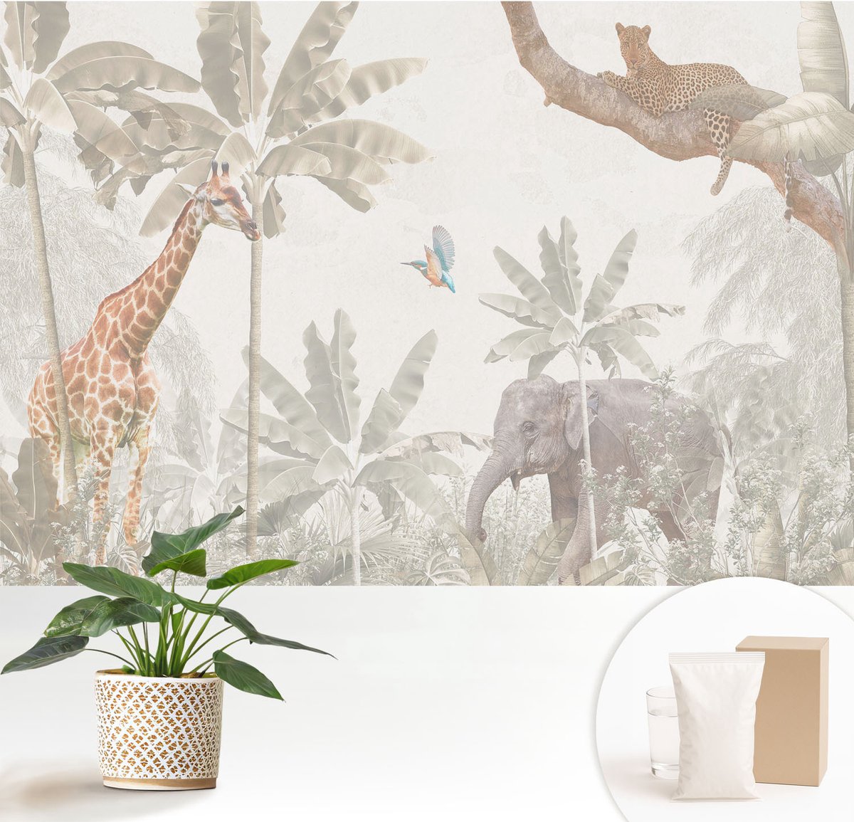 Wallfluent Fotobehang - Wit Vliesbehang - 152x104 cm - Tropische Oase Fotobehang Vlies - Woonkamer behang Dieren - Muurschildering - Hal behang