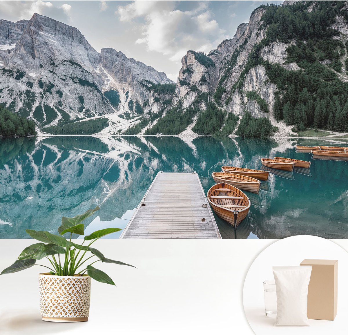 Wallfluent Fotobehang - Wit Vliesbehang - 152x104 cm - Bergpanorama Muurschildering - Gang behang Landschappen - Fotobehang Vlies - Gang behang