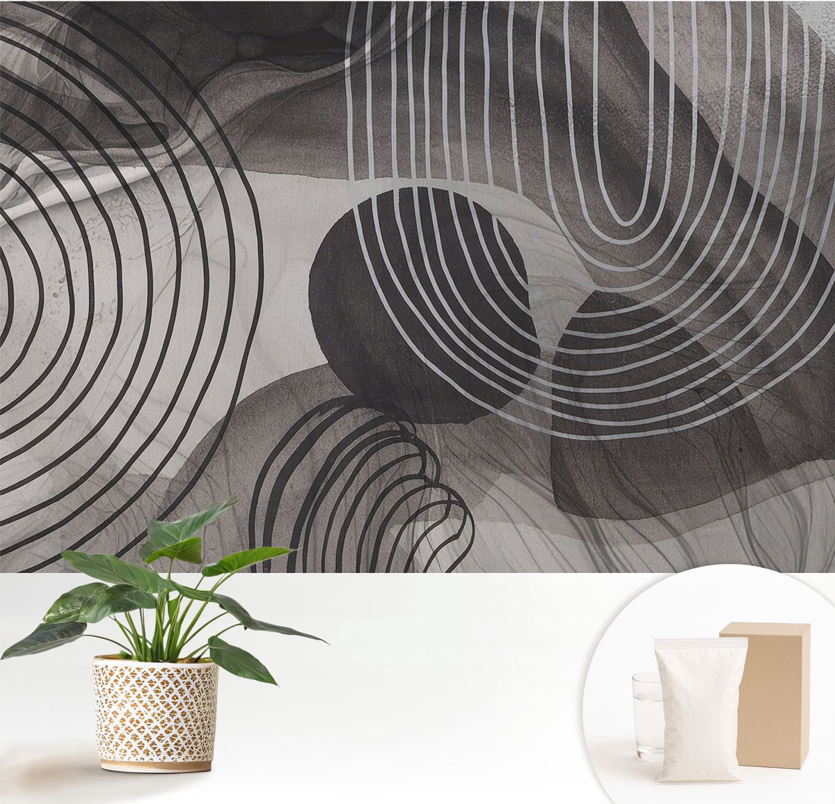 Wallfluent Fotobehang - Grijs Vliesbehang - 152x104 cm - Harmonie Van Vormen Fotobehang Vlies - Woonkamer behang Abstractie - Muurschildering - Woonkamer behang